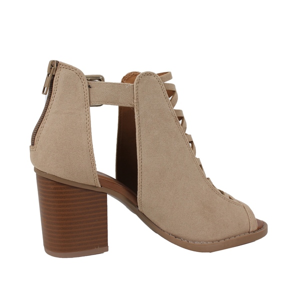 Taupe  Open Toe Cut Out Side Buckle Stacked - Picture 3 of 5